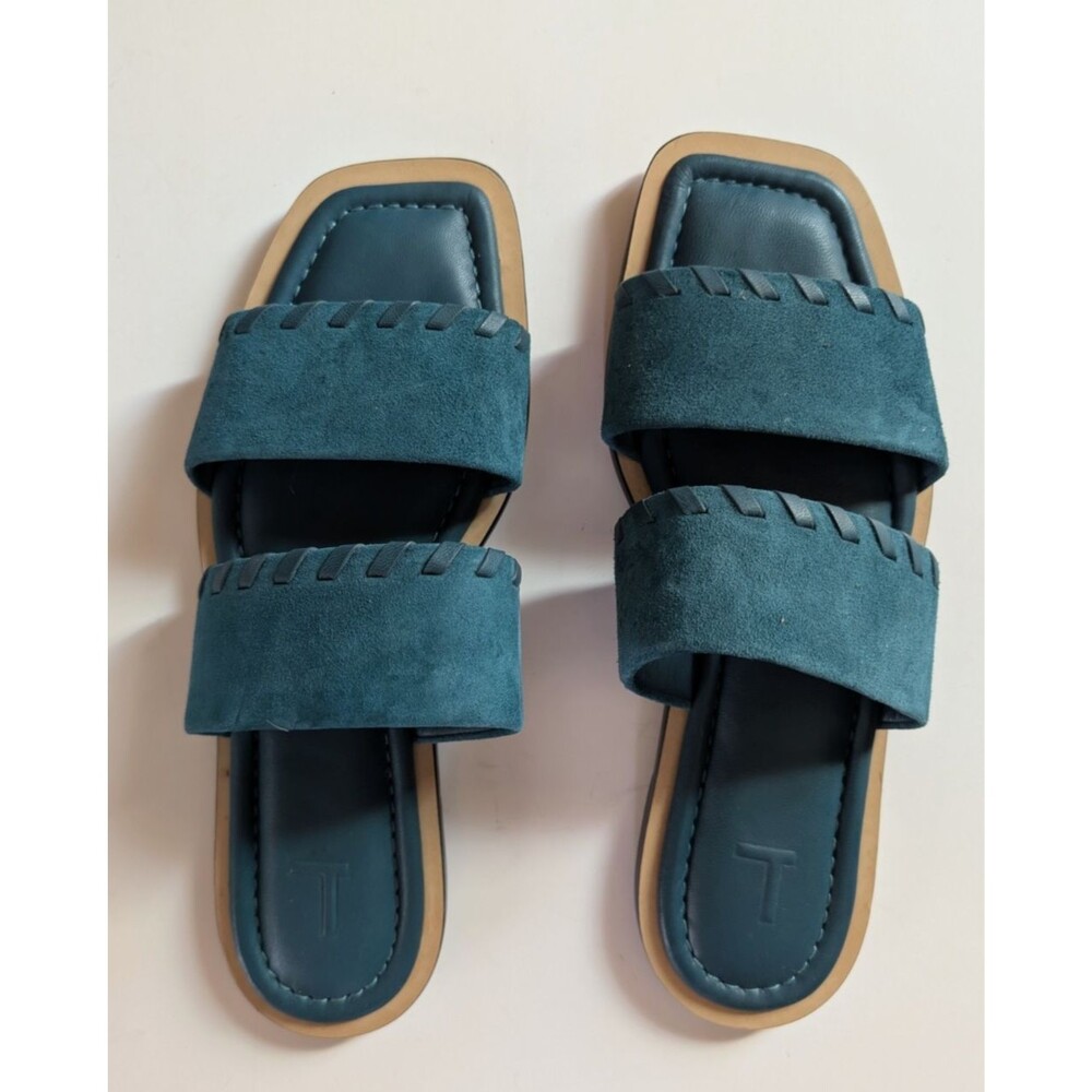 Lafayette 148 New York Nia Leather Slide Sandals Teal Suede Square Toe EU 39 / 9